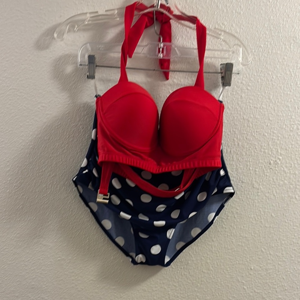 Red and Blue Retro Bikini with Polka Dot Design